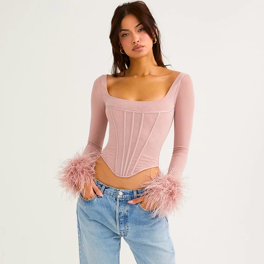 NWT Luxe Dress Feather Trim Mesh Sleeve Corset Top. Size M. In Rose Color.